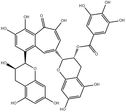 3,4,6-トリヒドロキシ-1-[(2S,3S)-3,5,7-トリヒドロキシクロマン-2-イル]-8-[(2R,3R)-5,7-ジヒドロキシ-3-(3,4,5-トリヒドロキシベンゾイルオキシ)クロマン-2-イル]-5H-ベンゾシクロヘプテン-5-オン 化学構造式