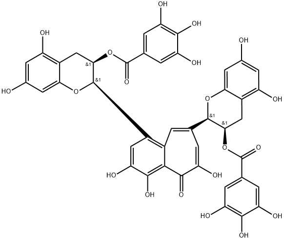 3,4,6-トリヒドロキシ-1,8-ビス[[(2R)-3,4-ジヒドロ-3α-(3,4,5-トリヒドロキシベンゾイルオキシ)-5,7-ジヒドロキシ-2H-1-ベンゾピラン]-2α-イル]-5H-ベンゾシクロヘプテン-5-オン 化学構造式