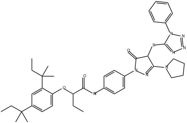 2-[2,4-ビス(1,1-ジメチルプロピル)フェノキシ]-N-[4-[[4,5-ジヒドロ-5-オキソ-4-[(1-フェニル-1H-テトラゾール-5-イル)チオ]-3-(1-ピロリジニル)-1H-ピラゾール]-1-イル]フェニル]ブタンアミド 化学構造式