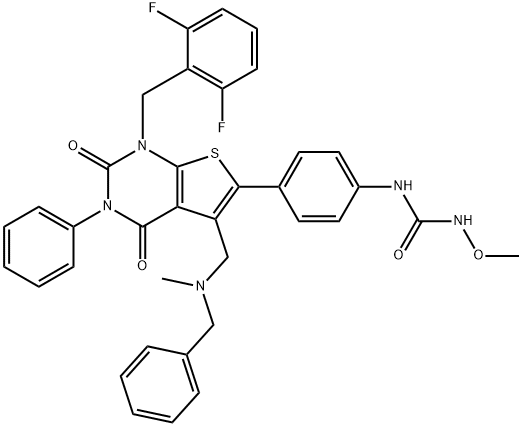 1-(2,6-ジフルオロベンジル)-3-フェニル-5-[フェニル(メチル)アミノメチル]-6-[p-(N′-メトキシウレイド)フェニル]チエノ[2,3-d]ピリミジン-2,4(1H,3H)-ジオン 化学構造式