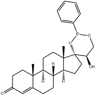 (20R)-20-ヒドロキシ-17,21-[(フェニルボランジイル)ビスオキシ]プレグナ-4-エン-3-オン 化学構造式