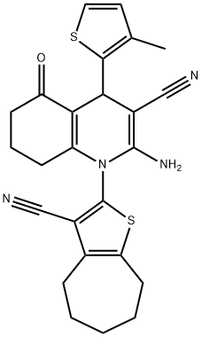 2-amino-1-(3-cyano-5,6,7,8-tetrahydro-4H-cyclohepta[b]thien-2-yl)-4-(3-methyl-2-thienyl)-5-oxo-1,4,5,6,7,8-hexahydro-3-quinolinecarbonitrile Struktur