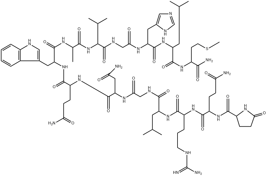 5-オキソ-L-Pro-L-Gln-L-Arg-L-Leu-Gly-L-Asn-L-Gln-L-Trp-L-Ala-L-Val-Gly-L-His-L-Leu-L-Met-NH2 化学構造式