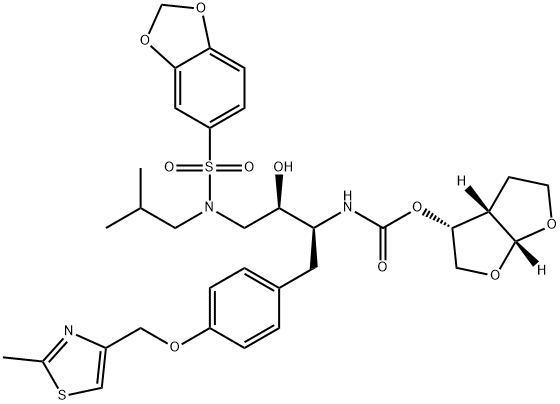 [(1R,5S,6R)-2,8-dioxabicyclo[3.3.0]oct-6-yl] N-[(2S,3R)-4-(benzo[1,3]dioxol-5-ylsulfonyl-(2-methylpropyl)amino)-3-hydroxy-1-[4-[(2-methyl-1,3-thiazol-4-yl)methoxy]phenyl]butan-2-yl]carbamate, 313682-08-5, 结构式