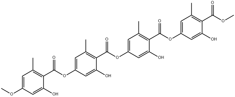 2-ヒドロキシ-4-[[2-ヒドロキシ-4-[(2-ヒドロキシ-4-メトキシ-6-メチルベンゾイル)オキシ]-6-メチルベンゾイル]オキシ]-6-メチル安息香酸3-ヒドロキシ-4-(メトキシカルボニル)-5-メチルフェニル 化学構造式
