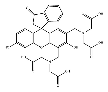 N,N'-[[3',6'-ジヒドロキシ-3-オキソスピロ[イソベンゾフラン-1(3H),9'-[9H]キサンテン]-2',4'-ジイル]ビス(メチレン)]ビス[N-(カルボキシメチル)グリシン] 化学構造式