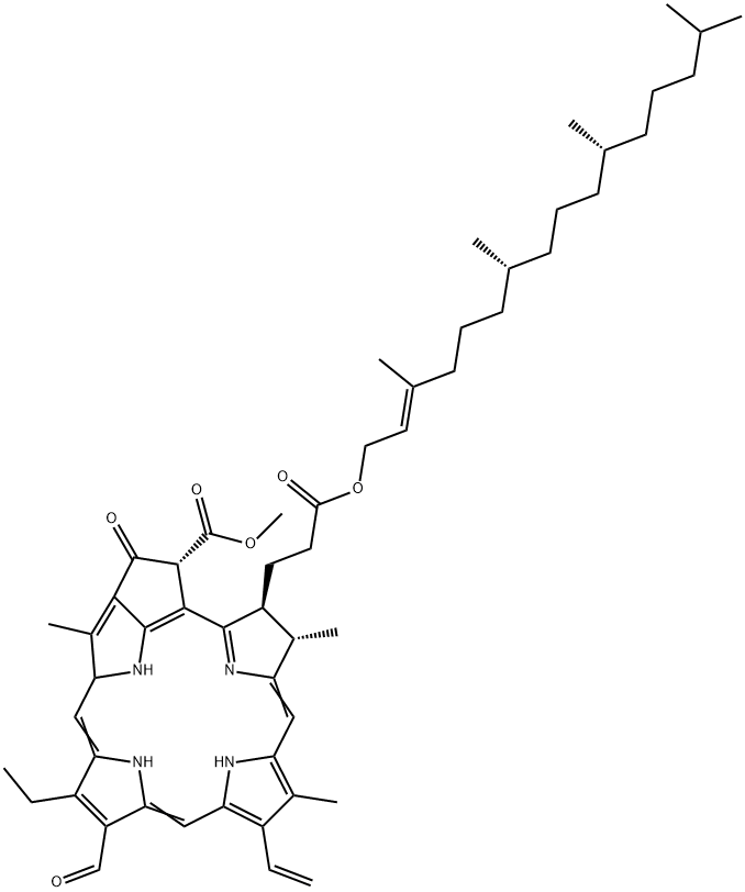 PHEOPHYTIN B;3,7,11,15-TETRAMETHYLHEXADEC-2-EN-1-YL [3S[3ALPHA(2E,7S,11S),4BETA,21BETA-14-ETHYL-13-FORMYL-21-(METHOXYCARBONYL)-4,8,18-TRIMETHYL-20-OXO-9-VINYLPHORBINE-3-PROPIONATE 结构式