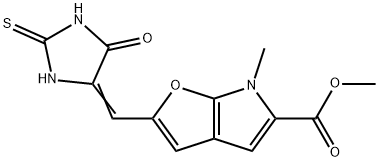 6H-Furo[2,3-b]pyrrole-5-carboxylic  acid,  6-methyl-2-[(5-oxo-2-thioxo-4-imidazolidinylidene)methyl]-,  methyl  ester 结构式