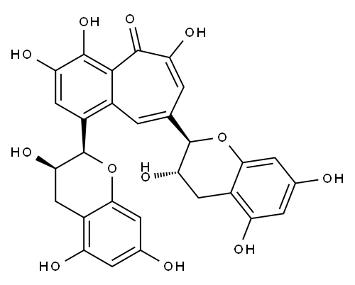 1-[(2S,3S)-3,4-Dihydro-3,5,7-trihydroxy-2H-1-benzopyran-2-yl]-8-[(2R,3S)-3,4-dihydro-3,5,7-trihydroxy-2H-1-benzopyran-2-yl]-3,4,6-trihydroxy-5H-benzocyclohepten-5-one Struktur
