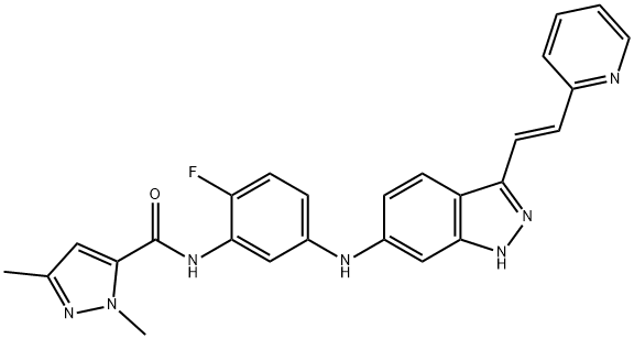 N-[2-Fluoro-5-[[3-[(1E)-2-(2-pyridinyl)ethenyl]-1H-indazol-6-yl]amino]phenyl]-1,3-dimethyl-1H-pyrazole-5-carboxamide Struktur