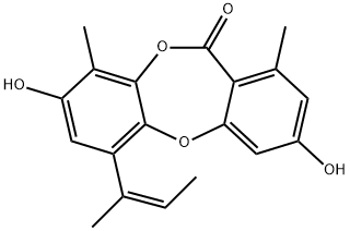 3,8-ジヒドロキシ-1,9-ジメチル-6-[(Z)-1-メチル-1-プロペニル]-11H-ジベンゾ[b,e][1,4]ジオキセピン-11-オン 化学構造式