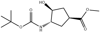 (1S,3S,4S)-N-BOC-3-アミノ-4-ヒドロキシシクロペンタンカルボン酸メチル 化学構造式