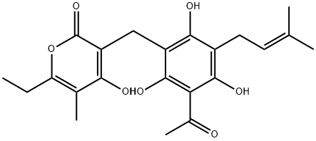 3-[4-Acetyl-2,3,6-trihydroxy-5-(3-methyl-2-butenyl)benzyl]-6-ethyl-4-hydroxy-5-methyl-2H-pyran-2-one, 32274-52-5, 结构式