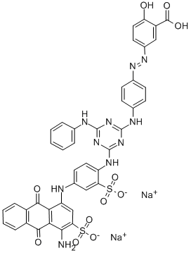 disodium hydrogen 5-[[4-[[4-[[4-[(4-amino-9,10-dihydro-9,10-dioxo-3-sulphonato-1-anthryl)amino]-2-sulphonatophenyl]amino]-6-anilino-1,3,5-triazin-2-yl]amino]phenyl]azo]salicylate Struktur