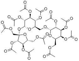 6-O-(2-O,3-O,4-O,6-O-テトラアセチル-α-D-ガラクトピラノシル)-1-O,3-O,4-O-トリアセチル-β-D-フルクトフラノシル2-O,3-O,4-O,6-O-テトラアセチル-α-D-グルコピラノシド 化学構造式