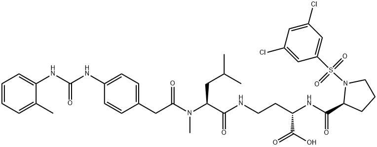 (2(S)-[1-(3,5-Dichlorophenylsulfonyl)-L-prolylaMino]-4-[N-Methyl-N-[2-[4-[3-(2-Methylphenyl)ureido]phenyl]acetyl]-L-leucylaMino]butyric acid ) Struktur