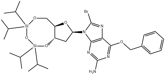 O6-Benzyl-8-bromo-N9-[3’,5’-O-(1,1,3,3-tetrakis(isopropyl)-1,3-disiloxanediyl)--D-2’-deoxyribofuranosyl]guanine Struktur