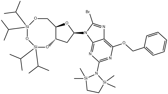 N2-(1,1,4,4-Tetramethyldisilylazacyclopentanyl)-O6-benzyl-8-bromo-N9-[3’,5’-O-(1,1,3,3-tetrakis(isopropyl)-1,3-disiloxanediyl)--D-2’-deoxyribofuranosyl]guanine Structure