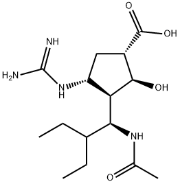 (1S,2R,3R,4R)-3-(1-acetamido-2-ethyl-butyl)-4-(diaminomethylideneamino)-2-hydroxy-cyclopentane-1-carboxylic acid Structure