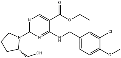 5-嘧啶羧酸,4-[[(3-氯-4-甲氧基苯基)甲基]氨基]-2-[(2S)-2-(羟甲基)-1-吡咯]-乙酯 结构式