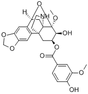 8β,10β-エポキシ-8-メトキシ-2,3-[メチレンビス(オキシ)]ハスバナン-6β,7β-ジオール6-(4-ヒドロキシ-3-メトキシベンゾアート) 化学構造式