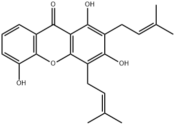 1,3,5-トリヒドロキシ-2,4-ビス(3-メチル-2-ブテニル)キサントン 化学構造式