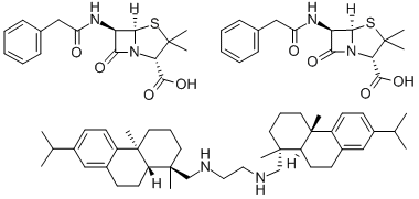 4-Thia-1-azabicyclo[3.2.0]heptane-2-carboxylic acid, 3,3-dimethyl-7-oxo-6-[(phenylacetyl)amino]- [2S-(2alpha,5alpha,6beta)]-, compd. with [1R-[1alpha(1R*,4aS*,10aR*),4abeta,10aalpha]]-N,N'-bis[[1,2,3,4,4a,9,10,10a-octahydro-1,4a-dimethyl-7- 结构式