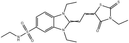 1,1,3-triethyl-2-[(3-ethyl-4-oxo-2-thioxothiazolidin-5-ylidene)ethylidene]-2,3-dihydro-1H-benzimidazole-5-sulphonamide Struktur