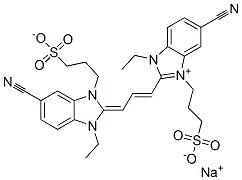 1H-Benzimidazolium,5-cyano-2-[3-[5-cyano-1-ethyl-1,3-dihydro-3-(3-sulfopropyl)-2H-benzimidazol-2-ylidene]-1-propenyl]-1-ethyl-3-(3-sulfopropyl)-, inner salt, sodium salt Structure