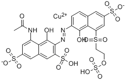 tetrahydrogen [5-acetamido-4-hydroxy-3-[[1-hydroxy-6-sulpho-8-[[2-(sulphooxy)ethyl]sulphonyl]-2-naphthyl]azo]naphthalene-2,7-disulphonato(6-)]cuprate(4-) Structure