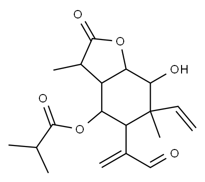 2-メチルプロパン酸6-ビニル-5-(1-ホルミルビニル)オクタヒドロ-7-ヒドロキシ-3,6-ジメチル-2-オキソベンゾフラン-4-イル 化学構造式