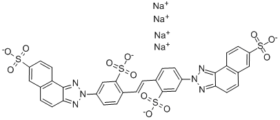 2,2'-[1,2-エテンジイルビス(3-ソジオスルホ-4,1-フェニレン)]ビス[2H-ナフト[1,2-d]トリアゾール-7-スルホン酸]ジナトリウム 化学構造式