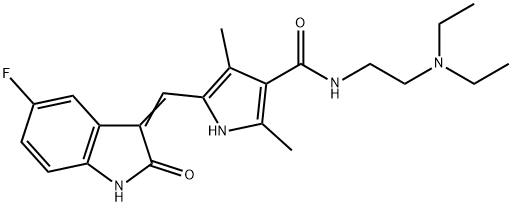 N-(2-二乙胺基乙基)-5-(5-氟-2-氧代-1,2-二氢吲哚-3-基亚甲基)-2,4-二甲基-1H-吡咯-3-甲酰胺 结构式