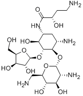 N1-[(S)-4-アミノ-2-ヒドロキシ-1-オキソブチル]-4-O-(2,6-ジアミノ-2,6-ジデオキシ-α-D-グルコピラノシル)-5-O-(β-D-キシロフラノシル)-2-デオキシ-D-ストレプタミン 化学構造式
