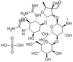 4-O-[2-O-[4-O-(β-D-マンノピラノシル)-2-(メチルアミノ)-2-デオキシ-α-L-グルコピラノシル]-5-デオキシ-3-ホルミル-α-L-リキソフラノシル]-N,N′-ビス(アミノイミノメチル)-D-ストレプタミン/硫酸 化学構造式