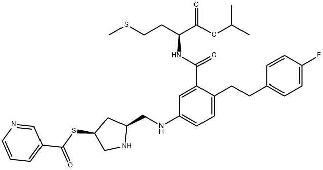 N-[2-[2-(4-fluorophenyl)ethyl]-5-[[[(2S,4S)-4-[(3-pyridinylcarbonyl)thio]-2-pyrrolidinyl]methyl]amino]benzoyl]-L-Methionine  1-methylethyl  ester Structure