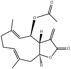 (3aR,4R,5E,9E,11aS)-4-アセトキシ-3a,4,7,8,11,11a-ヘキサヒドロ-6,10-ジメチル-3-メチレンシクロデカ[b]フラン-2(3H)-オン 化学構造式