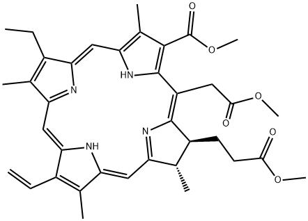 3α,7,12,17-テトラメチル-8-ビニル-13-エチル-20-[(メトキシカルボニル)メチル]-18-(メトキシカルボニル)クロリン-2β-プロピオン酸メチル 化学構造式