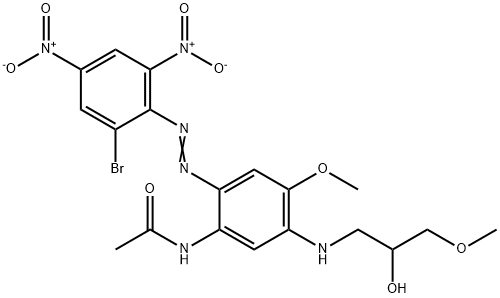 N-[2-[(2-ブロモ-4,6-ジニトロフェニル)アゾ]-5-[(2-ヒドロキシ-3-メトキシプロピル)アミノ]-4-メトキシフェニル]アセトアミド 化学構造式