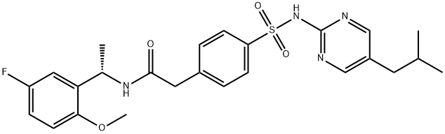 N-[(S)-1-(5-フルオロ-2-メトキシフェニル)エチル]-4-[[(5-イソブチルピリミジン-2-イル)アミノ]スルホニル]ベンゼンアセトアミド 化学構造式