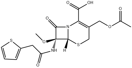 (6R,6β)-3-[(アセチルオキシ)メチル]-7β-メトキシ-8-オキソ-7-[(2-チエニルアセチル)アミノ]-5-チア-1-アザビシクロ[4.2.0]オクタ-2-エン-2-カルボン酸 化学構造式