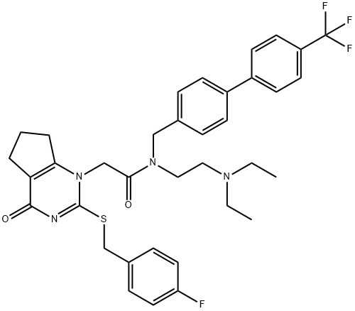 N-[2-(二乙氨基)乙基]-N-[4'-(三氟甲基)-1,1'-联苯-4-甲基]-2-[2-(4-氟苄硫基)-4-氧代-4,5,6,7-四氢-1H-环戊并[D]嘧啶-1-基]乙酰胺 结构式