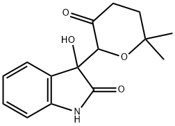 3-(6,6-dimethyl-3-oxotetrahydro-2H-pyran-2-yl)-3-hydroxy-1,3-dihydro-2H-indol-2-one Struktur