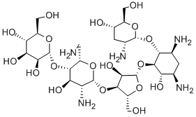 4-O-(2-アミノ-2,3-ジデオキシ-α-D-ribo-ヘキソピラノシル)-5-O-[3-O-(4-O-α-D-マンノピラノシル-2,6-ジアミノ-2,6-ジデオキシ-β-L-イドピラノシル)-β-D-リボフラノシル]-2-デオキシ-D-ストレプタミン 化学構造式