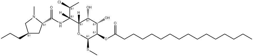 メチル7-クロロ-6-[[[(2S)-1-メチル-4β-プロピル-2-ピロリジニル]カルボニル]アミノ]-6,7,8-トリデオキシ-1-チオ-L-threo-α-D-galacto-オクトピラノシド2-ヘキサデカノアート 化学構造式
