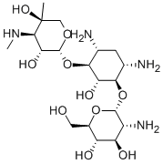 6-O-[4-C-メチル-3-(メチルアミノ)-3-デオキシ-β-L-アラビノピラノシル]-4-O-(2-アミノ-2-デオキシ-α-D-グルコピラノシル)-2-デオキシ-D-ストレプタミン 化学構造式