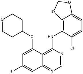 4-(6-氯-2,3-亚甲基二氧基苯胺)-7-氟-5-四氢吡喃-4-基氧基喹唑啉, 379230-38-3, 结构式