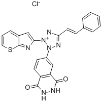 2-(ベンゾチアゾール-2-イル)-5-(2-フェニルエテニル)-3-[(1,2,3,4-テトラヒドロ-1,4-ジオキソフタラジン)-6-イル]-2H-テトラゾール-3-イウム·クロリド 化学構造式