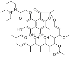 Acetic acid, ((1,2-dihydro-5,6,17,19,21-pentahydroxy-23-methoxy-2,4,12 ,16,18,20,22-heptamethyl-1,11-dioxo-2,7-(epoxypentadeca(1,11,13)trieni mino)naphtho(2,1-b)furan-9-yl)oxy)-, 21-acetate, 2,2-diethyl-1-propylh ydrazide Structure