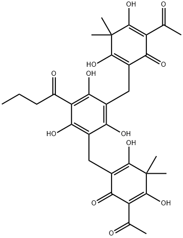 2,4-ビス[(5-アセチル-2,4-ジヒドロキシ-3,3-ジメチル-6-オキソ-1,4-シクロヘキサジエニル)メチル]-6-ブチリルベンゼン-1,3,5-トリオール 化学構造式